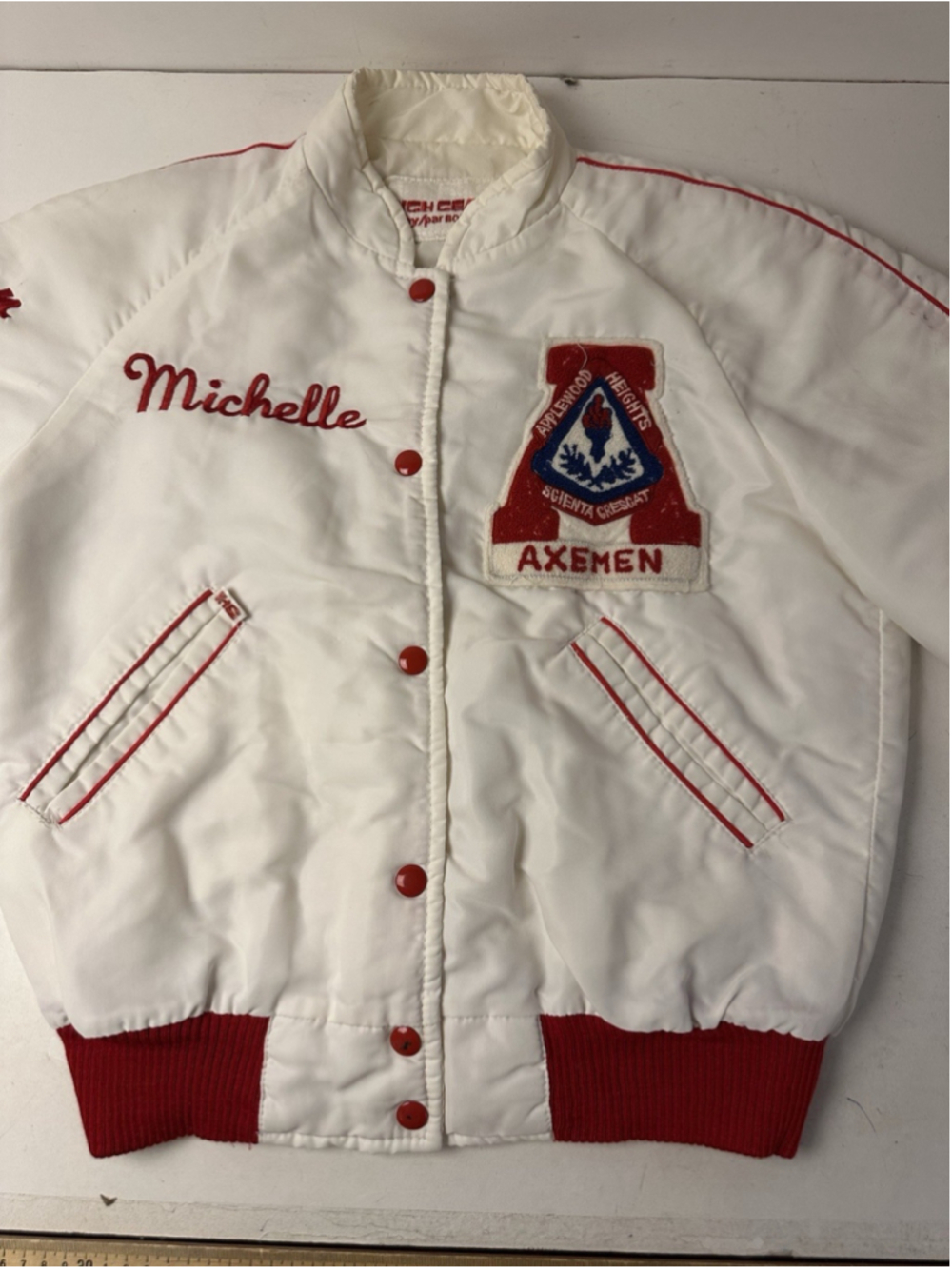 Vintage High Gear Cheerleader Varsity Jacket Michelle Axemen Chainstitched White